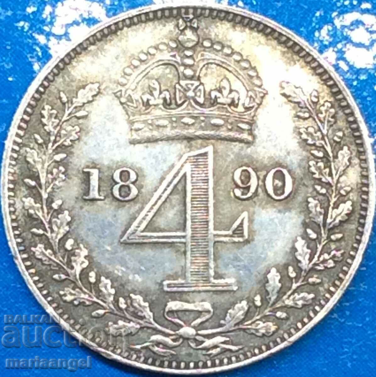 Maundy Marea Britanie 4 pence 1890 Victoria (coroană) rar