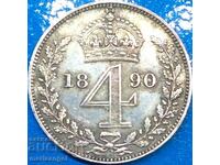 Maundy Marea Britanie 4 pence 1890 Victoria (coroană) rar