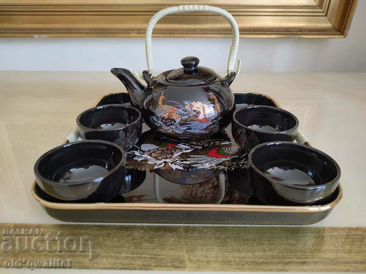 Auction Green tea service, porcelain, with tray, motifs Auction Green tea service, porcelain, with tray, motifs