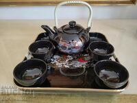 Green tea service, porcelain, with tray, motifs