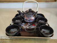 Green tea service, porcelain, with tray, motifs