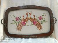 Wooden tray with embroidery and glass