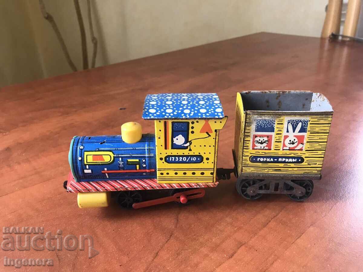 OLD TIN TOY LOCOMOTIVE WITH WAGON AND RAILS - 7 OLD TIN TOY LOCOMOTIVE WITH WAGON AND RAILS - 7
