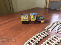 OLD TIN TOY LOCOMOTIVE WITH WAGON AND RAILS