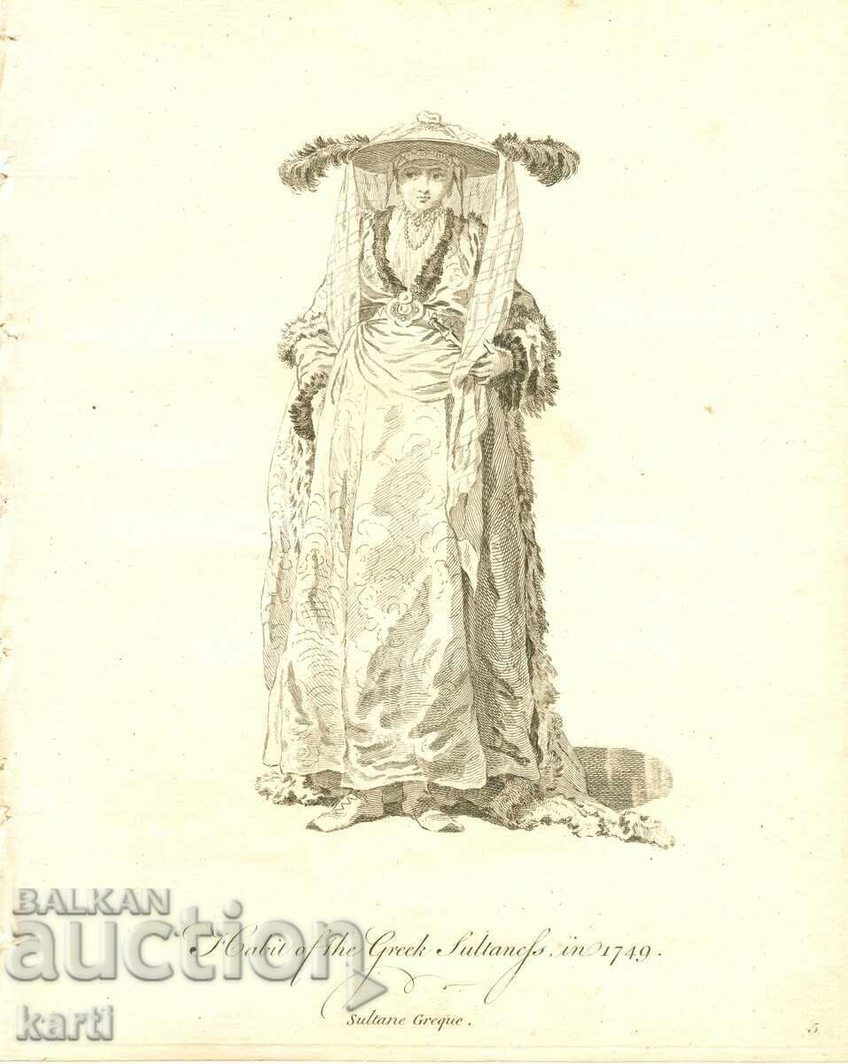 GRAVURĂ VECHE - 1757 - SULTANĂ GRECOAICĂ COSTUM - ORIGINAL