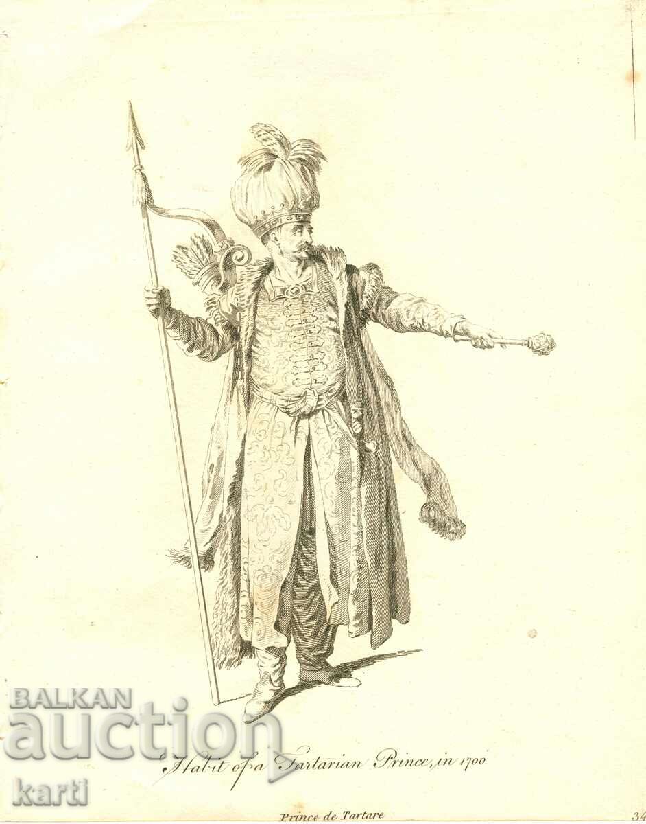 GRAVURA VECHE - 1757 - PRIȚ TARTAR - COSTUM - ORIGINAL