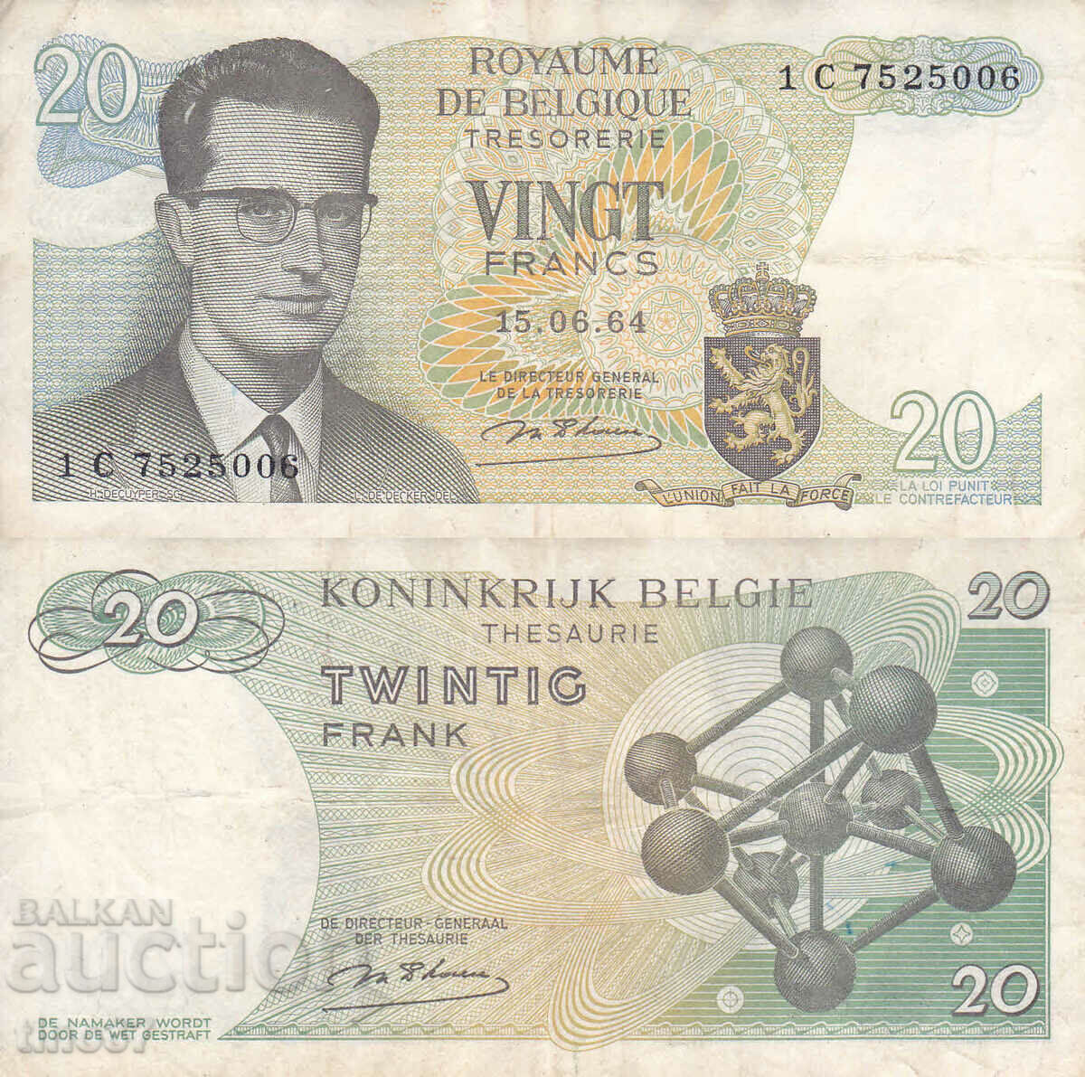 tino37- BELGIA - 20 FRANC - 1964- F+