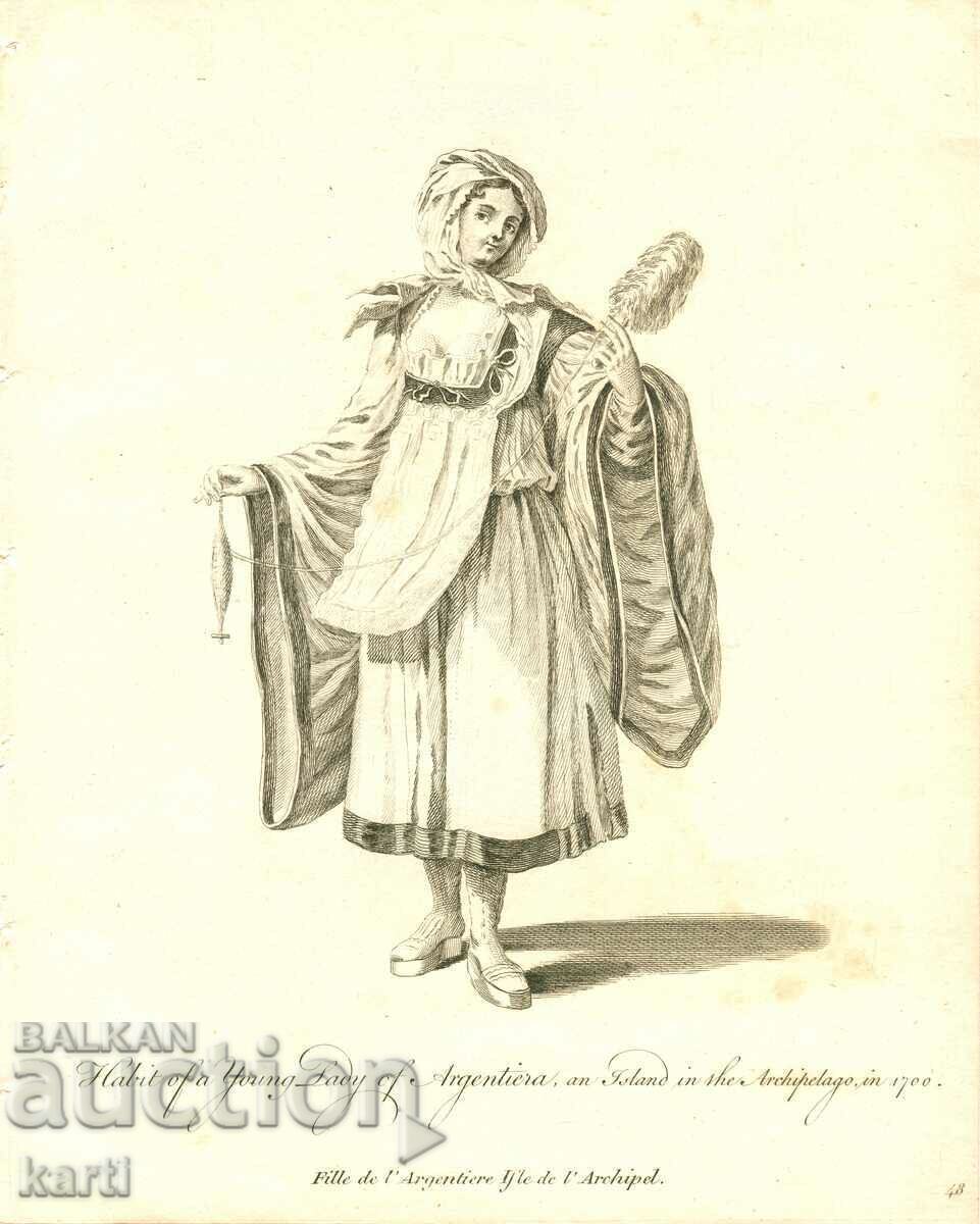 OLD ENGRAVING - 1757 - WOMAN OF THE ARCHIPELAGO COSTUME - ORIGINAL
