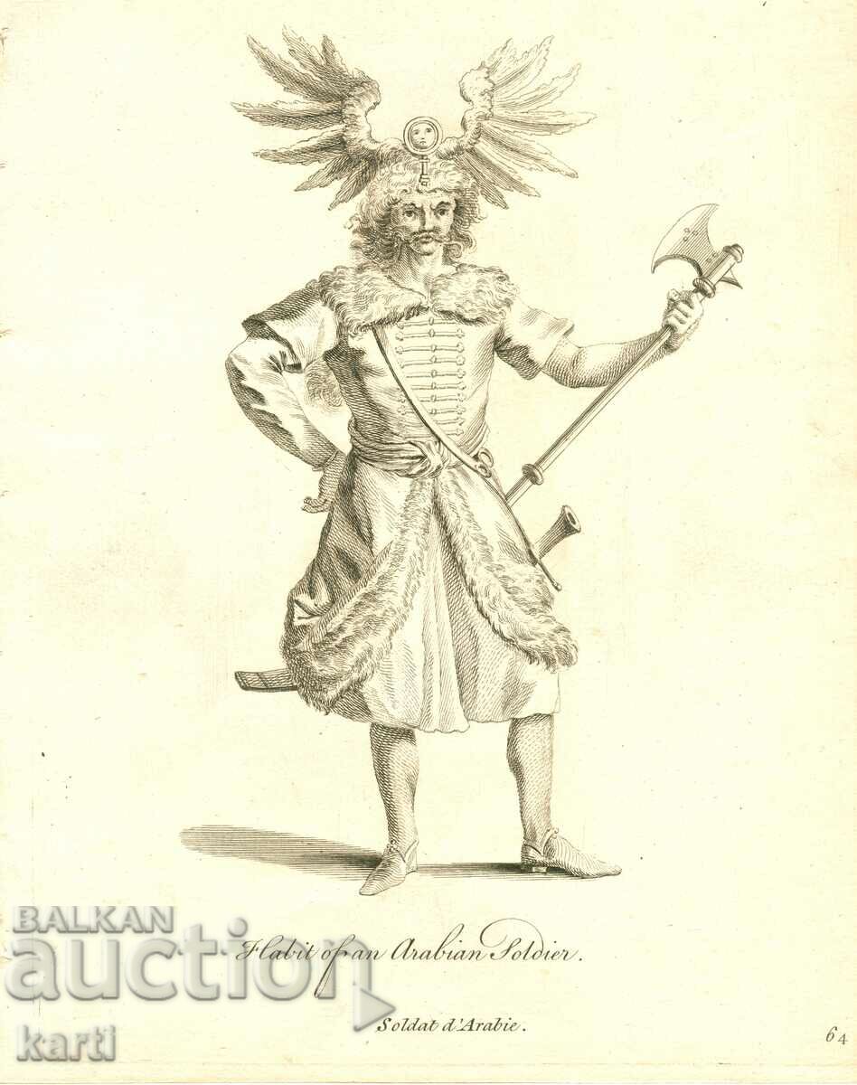 GRAVURA VECHE - 1757 - SOLDAT ARAB - COSTUM - ORIGINAL