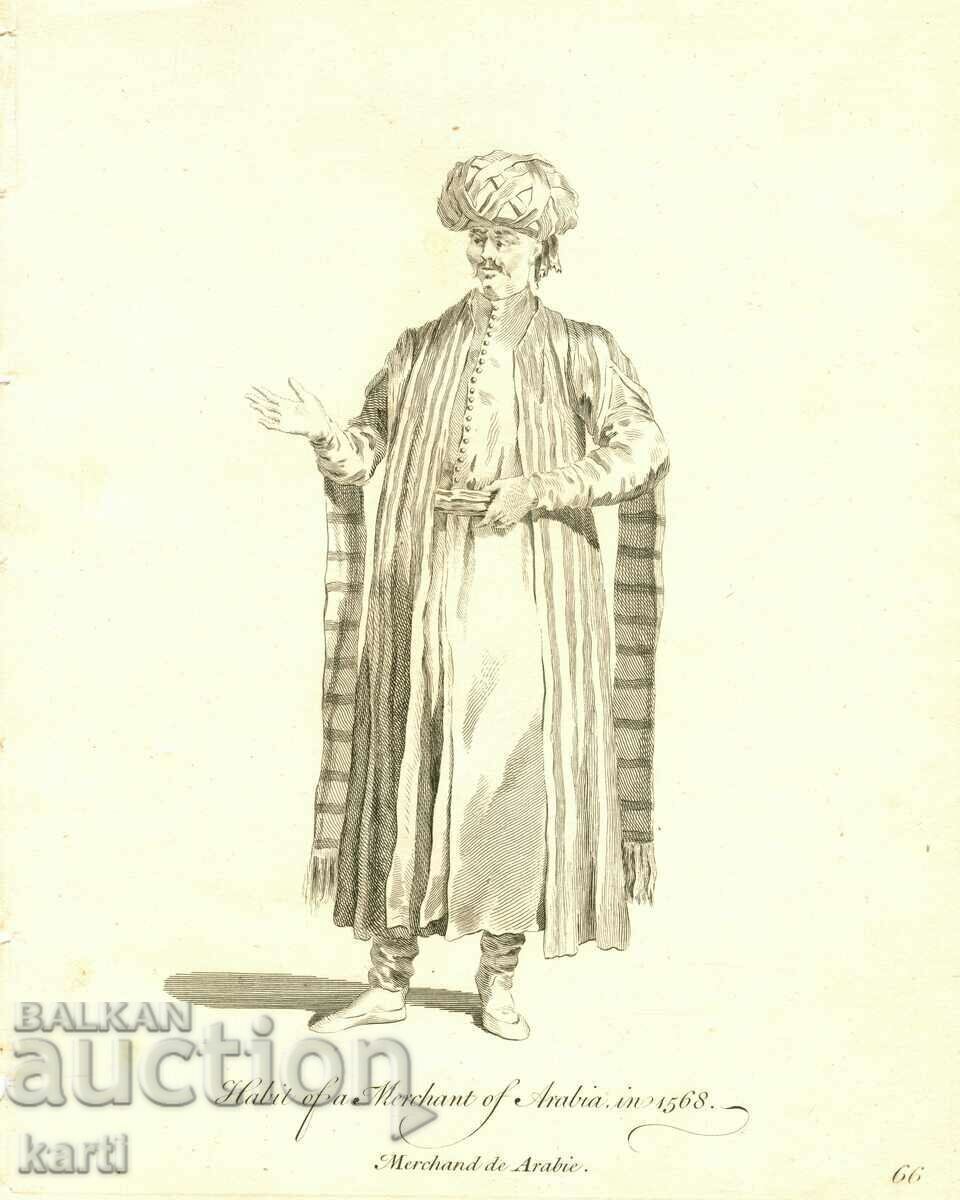 GRAVURĂ VECHE - 1757 - COSTUM DE NEGUSTOR ARAB - ORIGINAL