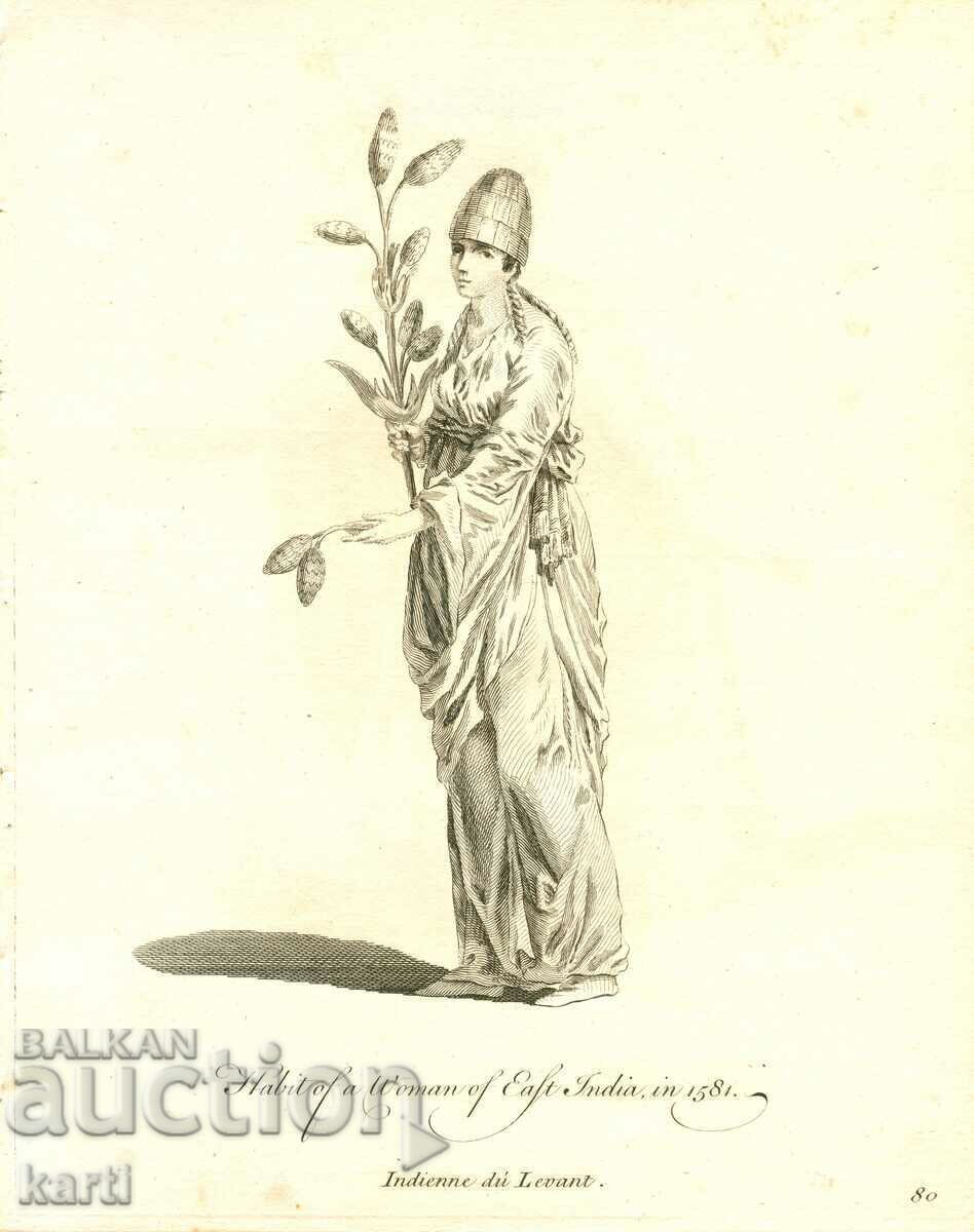 GRAVURĂ VECHE - 1757 - FEMEIE DIN ORIENTUL ÎNDEPĂRTAT ÎN COSTUM - ORIGINAL GRAVURĂ VECHE - 1757 - FEMEIE DIN ORIENTUL ÎNDEPĂRTAT ÎN COSTUM - ORIGINAL