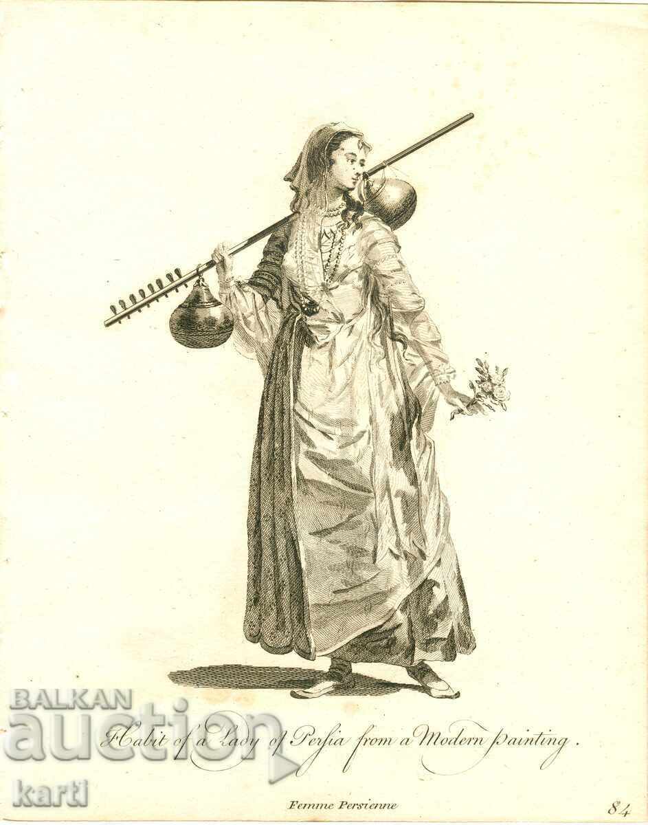 GRAVURĂ VECHE - 1757 - FEMEIE DIN PERSIA - COSTUM - ORIGINAL