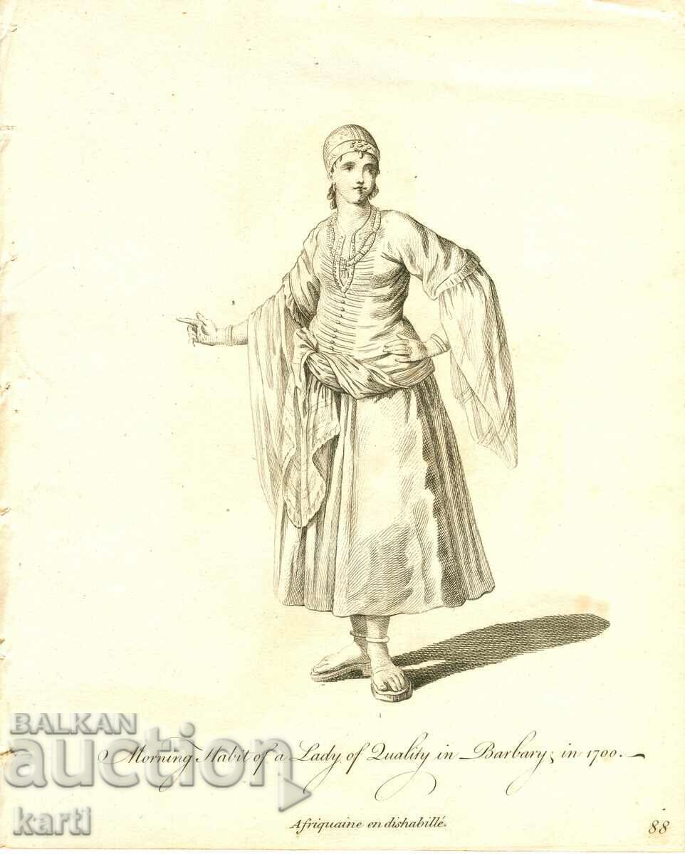GRAVURĂ VECHE - 1757 - FEMEIE DIN AFR. DE NORD COSTUM - ORIGINAL