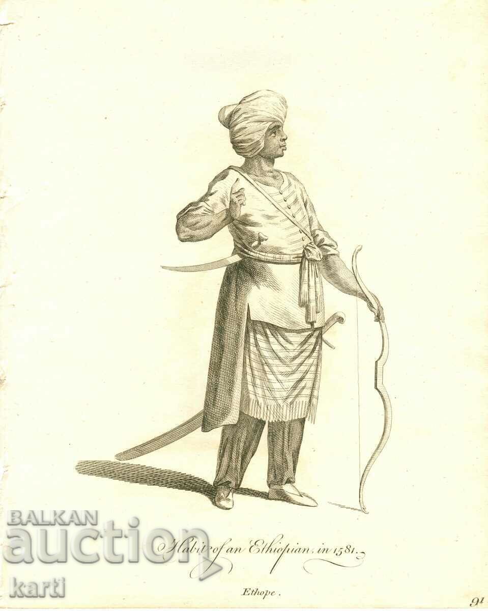 GRAVURĂ VECHE - 1757 - BĂRBAT DIN ETIOPIA - COSTUM - ORIGINAL