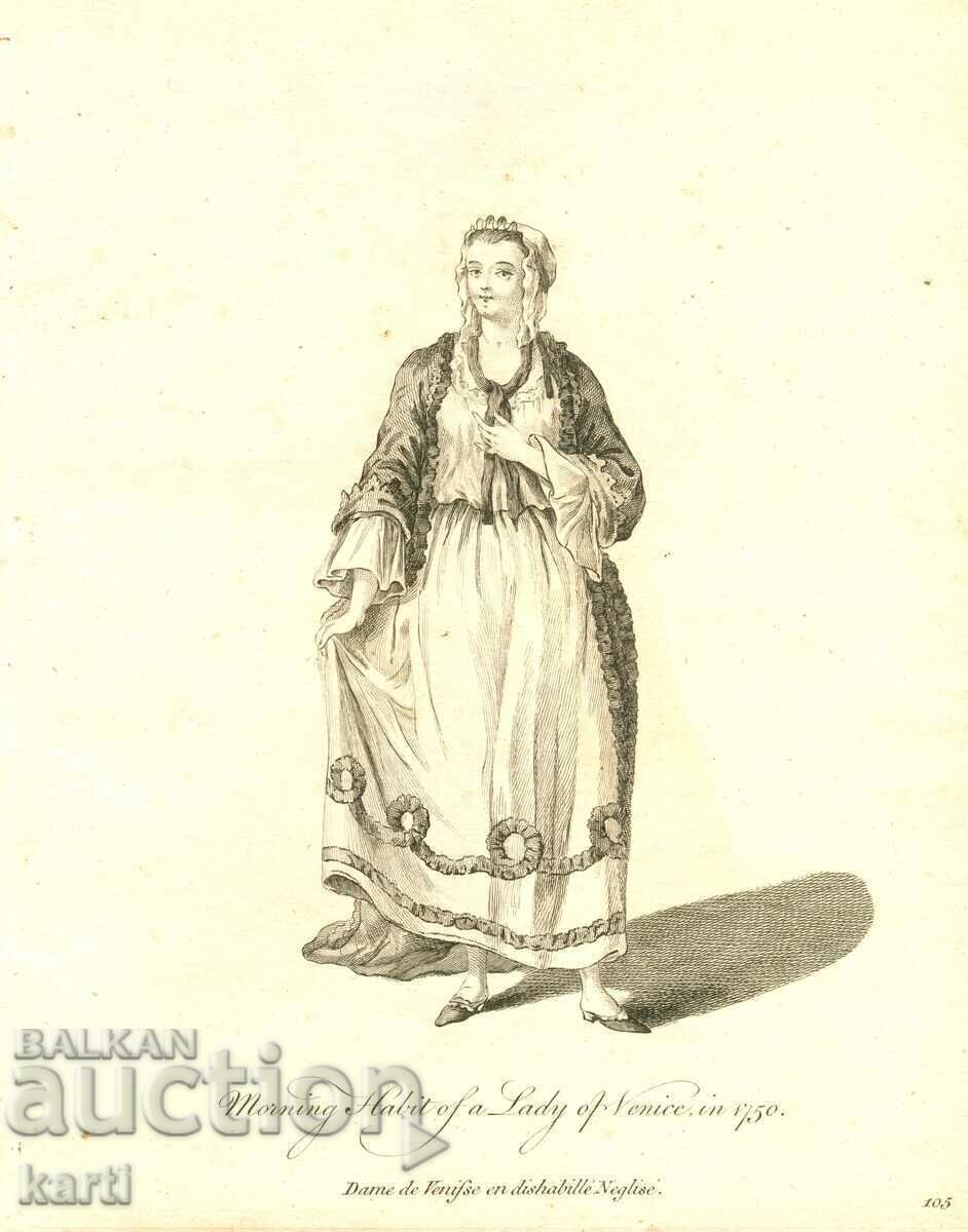 GRAVURĂ VECHE - 1757 - FEMEIE DIN VENEȚIA - COSTUM - ORIGINAL