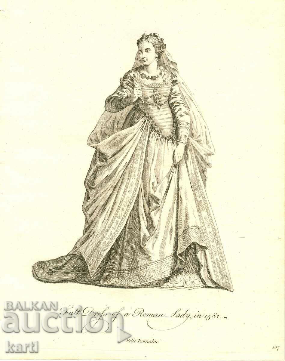 GRAVURĂ VECHE - 1757 - FEMEIE DIN ROMA - COSTUM - ORIGINAL
