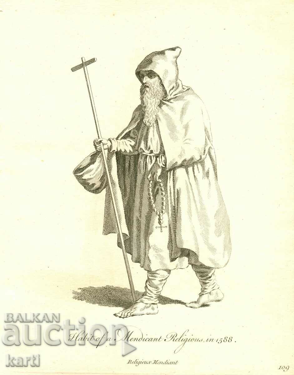 OLD ENGRAVING - 1757 - Religious Beggar - COSTUME - ORIGINAL