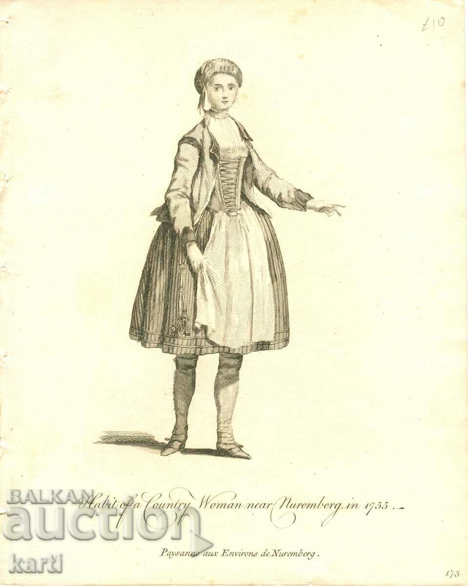 OLD ENGRAVING - 1757 - WOMAN OF NUREMBERG - COSTUME - ORIGINAL