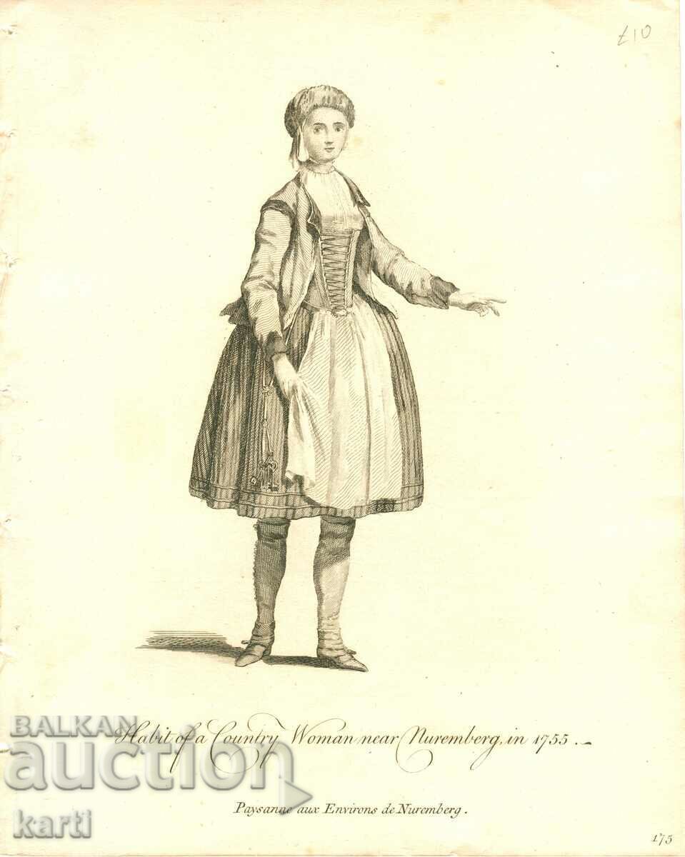 GRAVURĂ VECHE - 1757 - COSTUM FEMEIE DIN NÜRNBERG - ORIGINAL GRAVURĂ VECHE - 1757 - COSTUM FEMEIE DIN NÜRNBERG - ORIGINAL