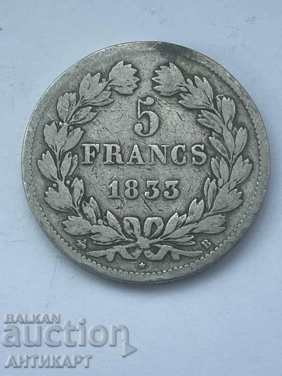 silver coin 5 francs France 1833 silver