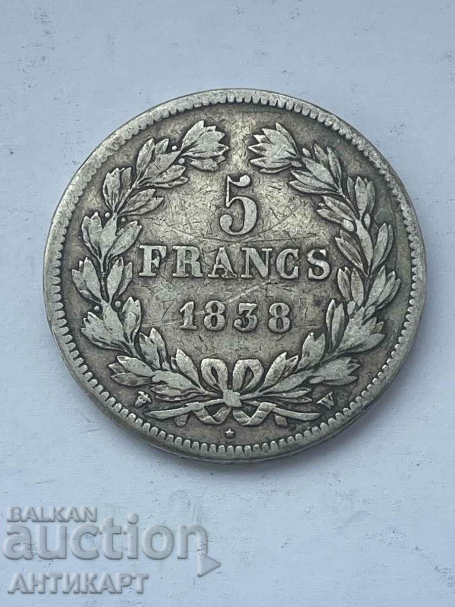 silver coin 5 francs France 1838 silver