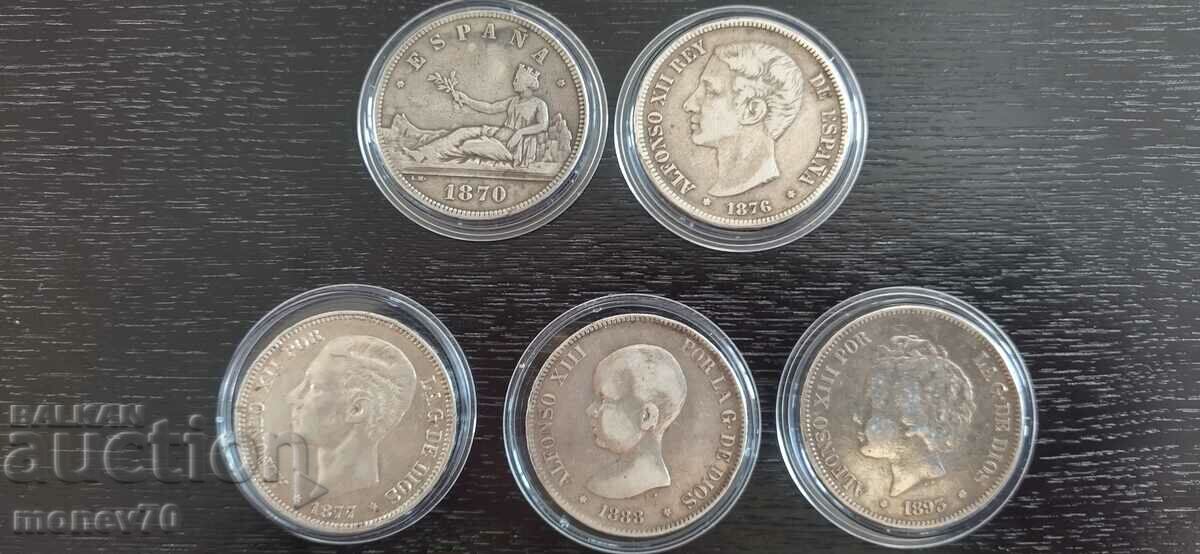 Spain 5 pcs. 5 pesetas/SILVER