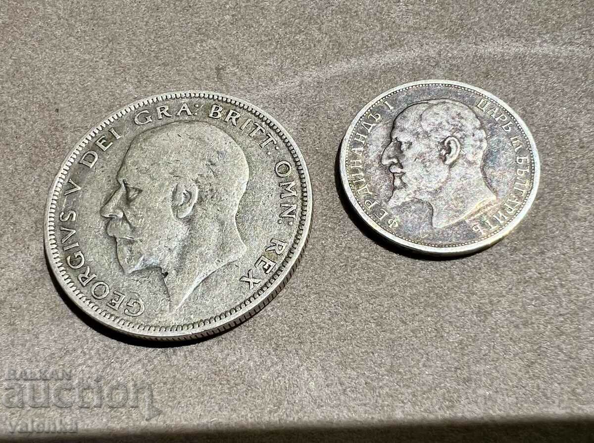 2 buc. Monede de argint 1934 Half Crown și 1 Lev 1913