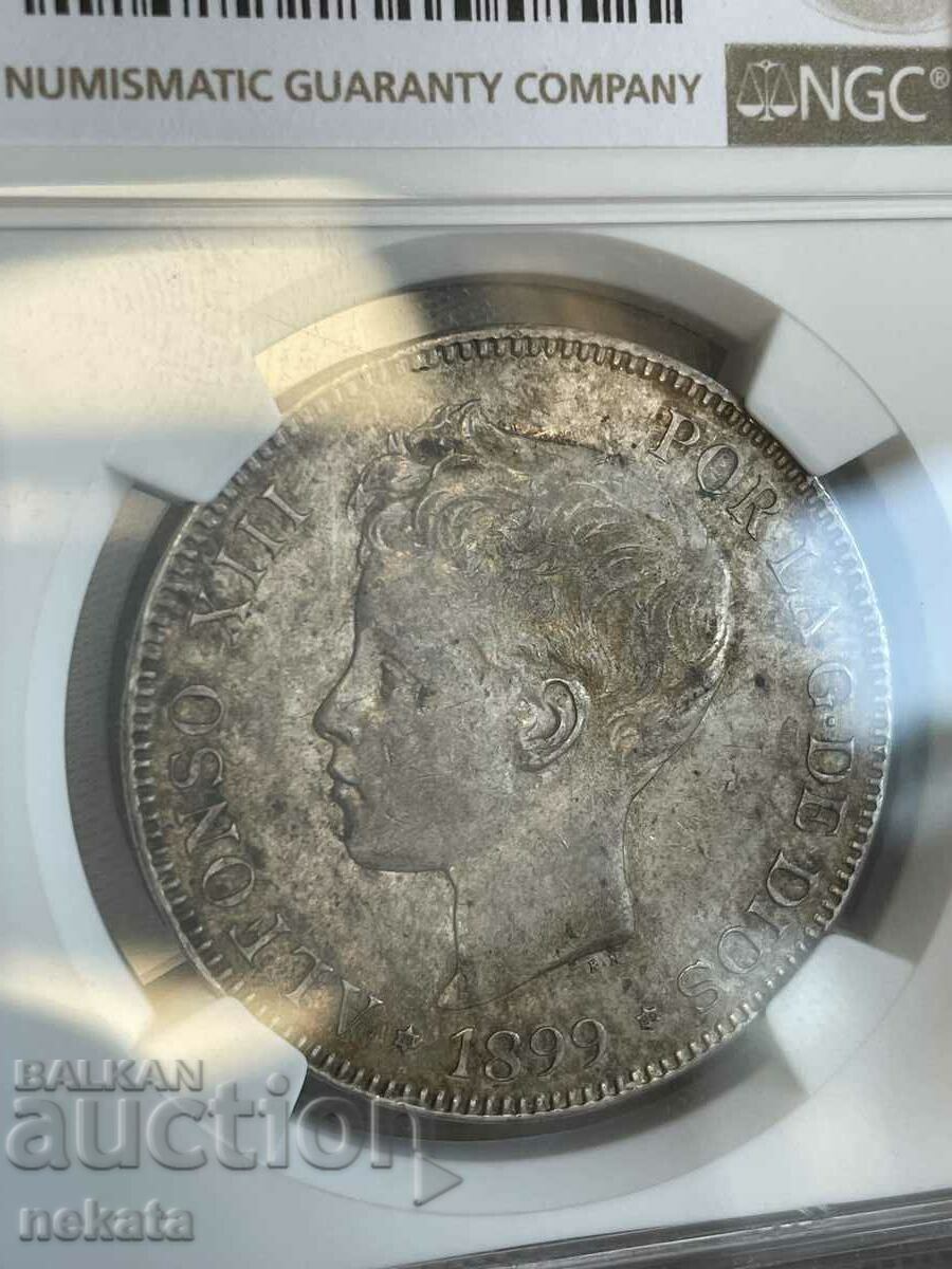 5 Песети, сребро, 1899 Испaния, крал Алфонсо XIII. AU58 NGC