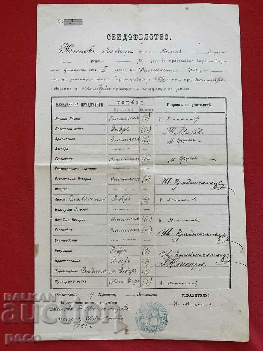 Școala bulgară Velesh 1890/91 Certificat Lyuba Kyupeva