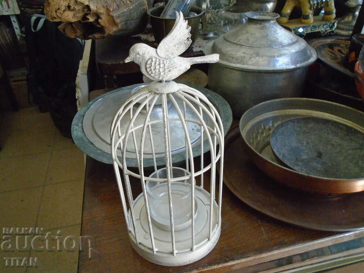 OLD CANDLESTICK CHICKEN IN A CAGE, 22/10 CM., EUROPE