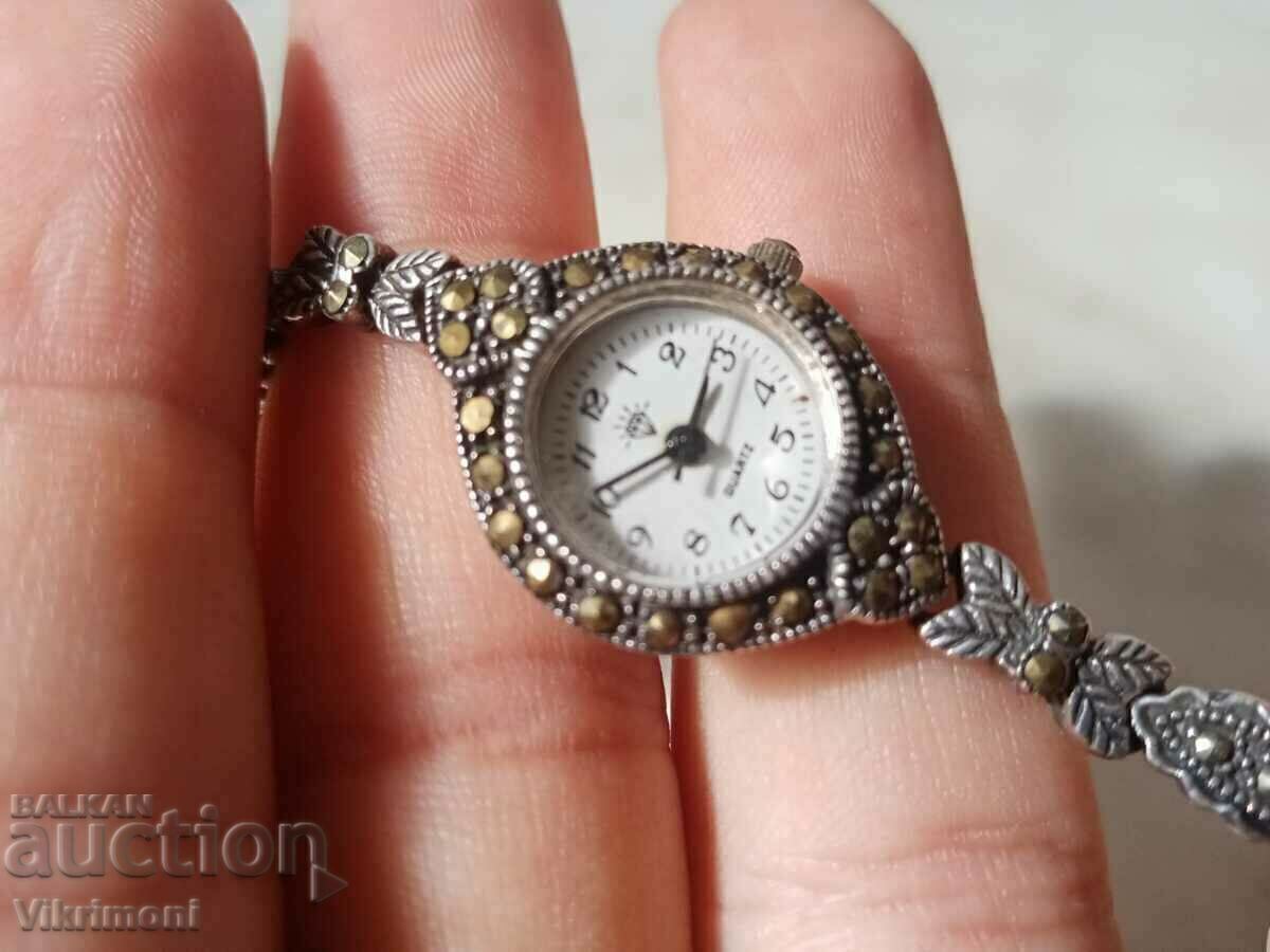 Silver and marcasite, marked, clock, from aunt's dresser with price 128.00 BGN | € 65.45 Silver and marcasite, marked, clock, from aunt's dresser with price 128.00 BGN | € 65.45