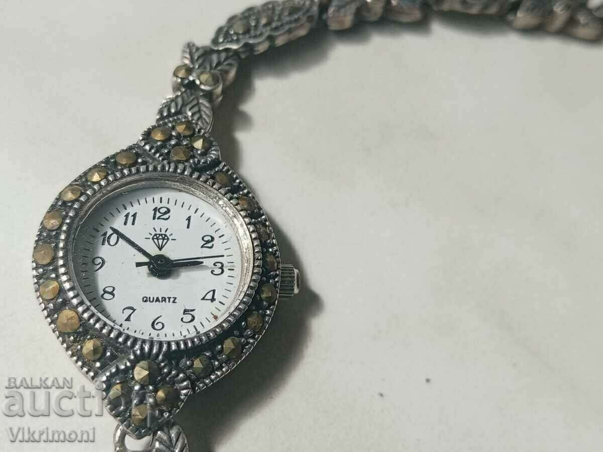 Silver and marcasite, marked, clock, from aunt's dresser Silver and marcasite, marked, clock, from aunt's dresser