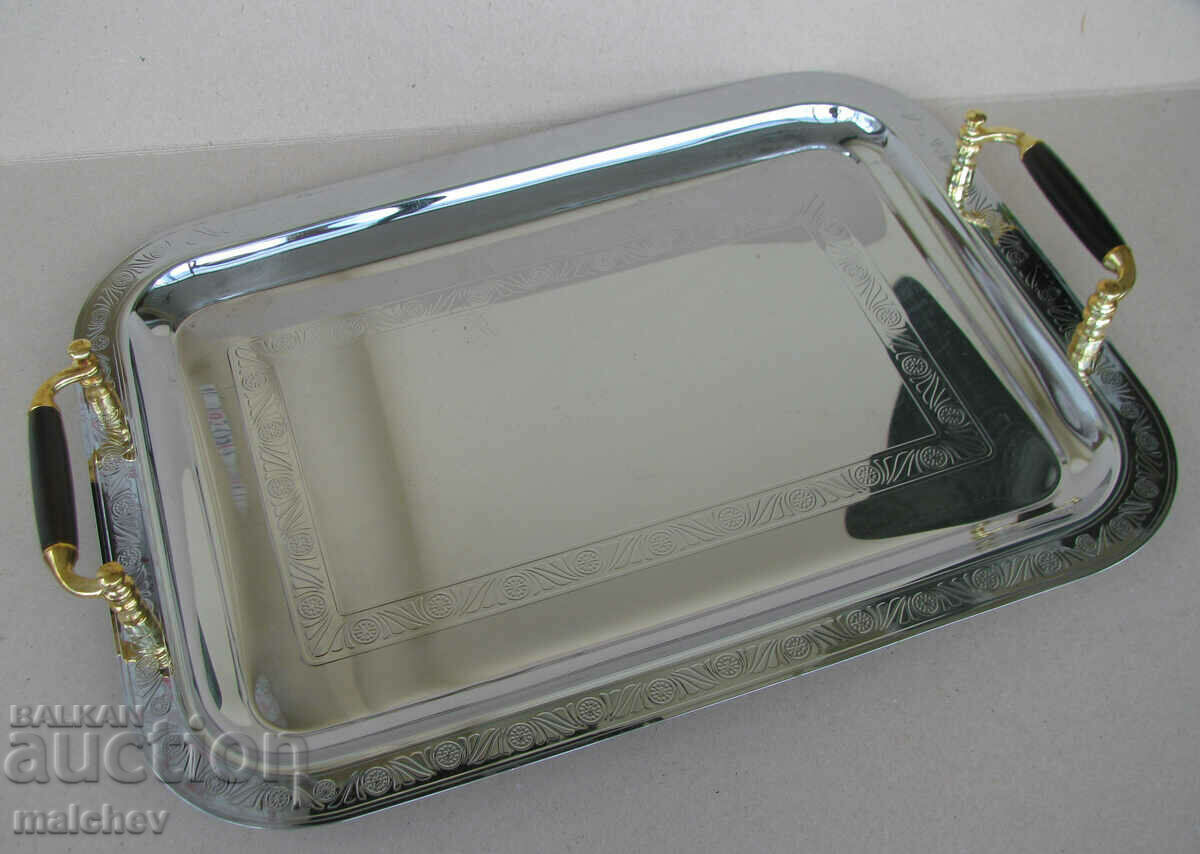 Nickel-plated metal tray 46 cm "gold-plated" handles, preserved