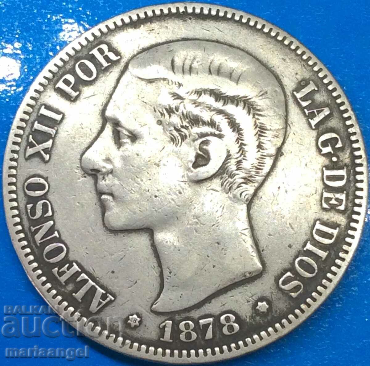 5 πεσέτες 1878 Ισπανία Alfonso XII 24,75g 37mm