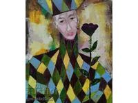 Picture, clown, harlequin with a rose