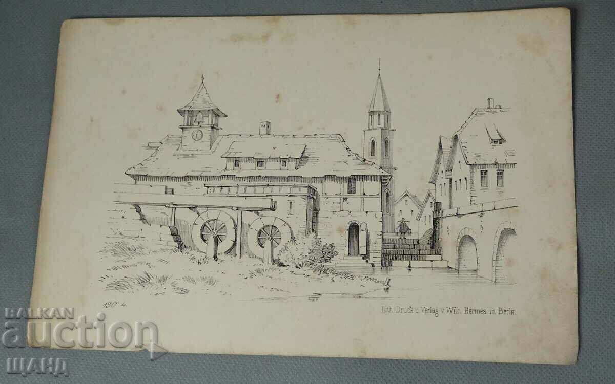 Old German master lithograph house villa