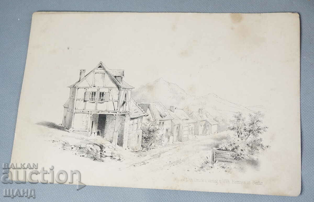 Old German master lithograph house villa