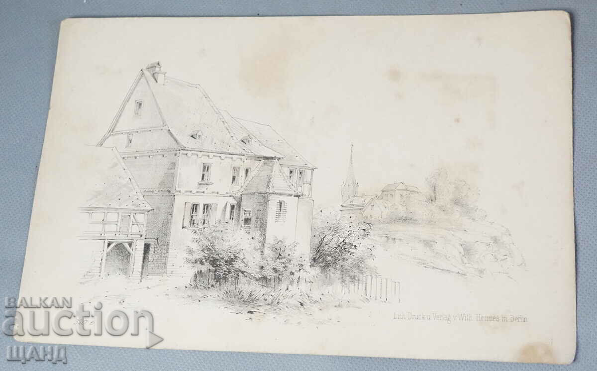 Old German master lithograph house villa