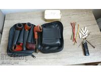 Set of old smoking pipes, lighter and accessories