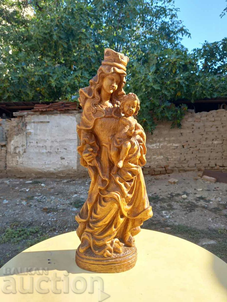 Sculptură în lemn Statuie Catolică Fecioara Maria și Pruncul