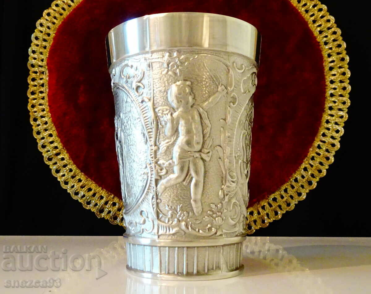 Pewter bowl/mug with Cupid, Dionysus, hunting theme with price 65.00 BGN | € 33.23 Pewter bowl/mug with Cupid, Dionysus, hunting theme with price 65.00 BGN | € 33.23