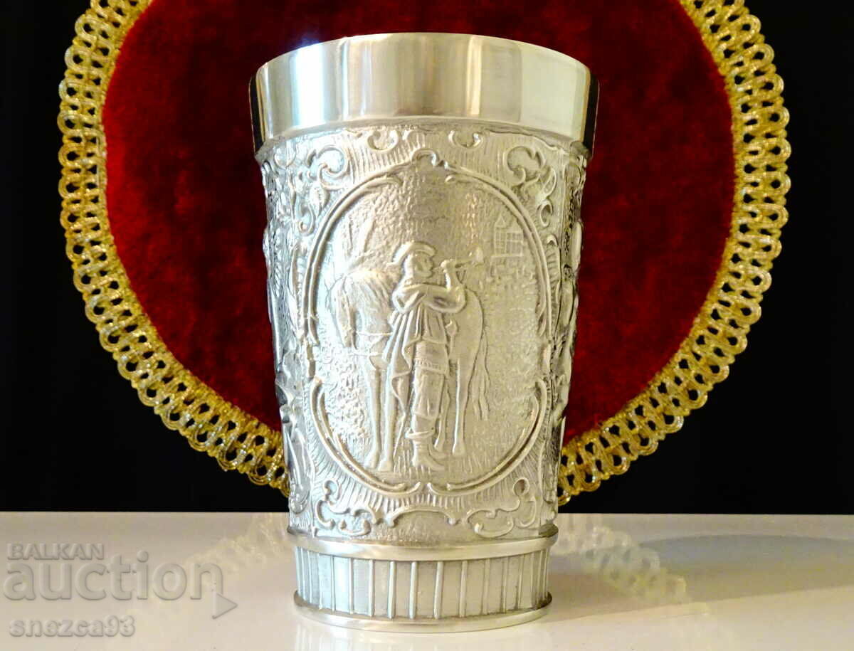 Pewter bowl/mug with Cupid, Dionysus, hunting theme Pewter bowl/mug with Cupid, Dionysus, hunting theme