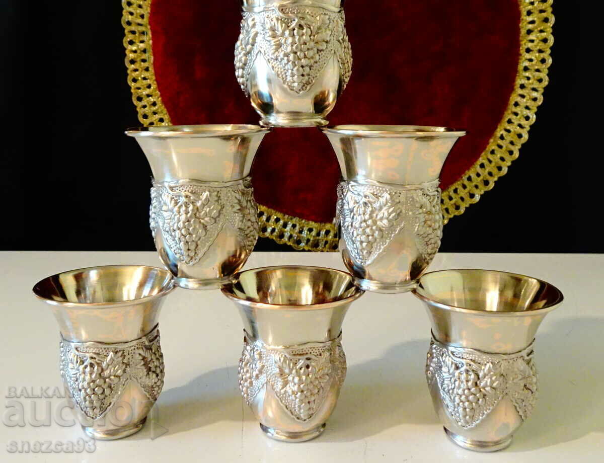 Silver-plated glasses for brandy, 6 pcs., embossed grapes. with price 96.00 BGN | € 49.08 Silver-plated glasses for brandy, 6 pcs., embossed grapes. with price 96.00 BGN | € 49.08