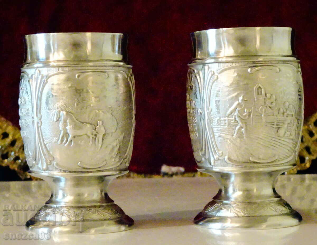 Two tin cups Sowing, Harvesting. Two tin cups Sowing, Harvesting.