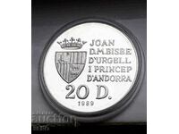 Andorra-20 dinari 1989-argint și rare-circulație 15.000 buc