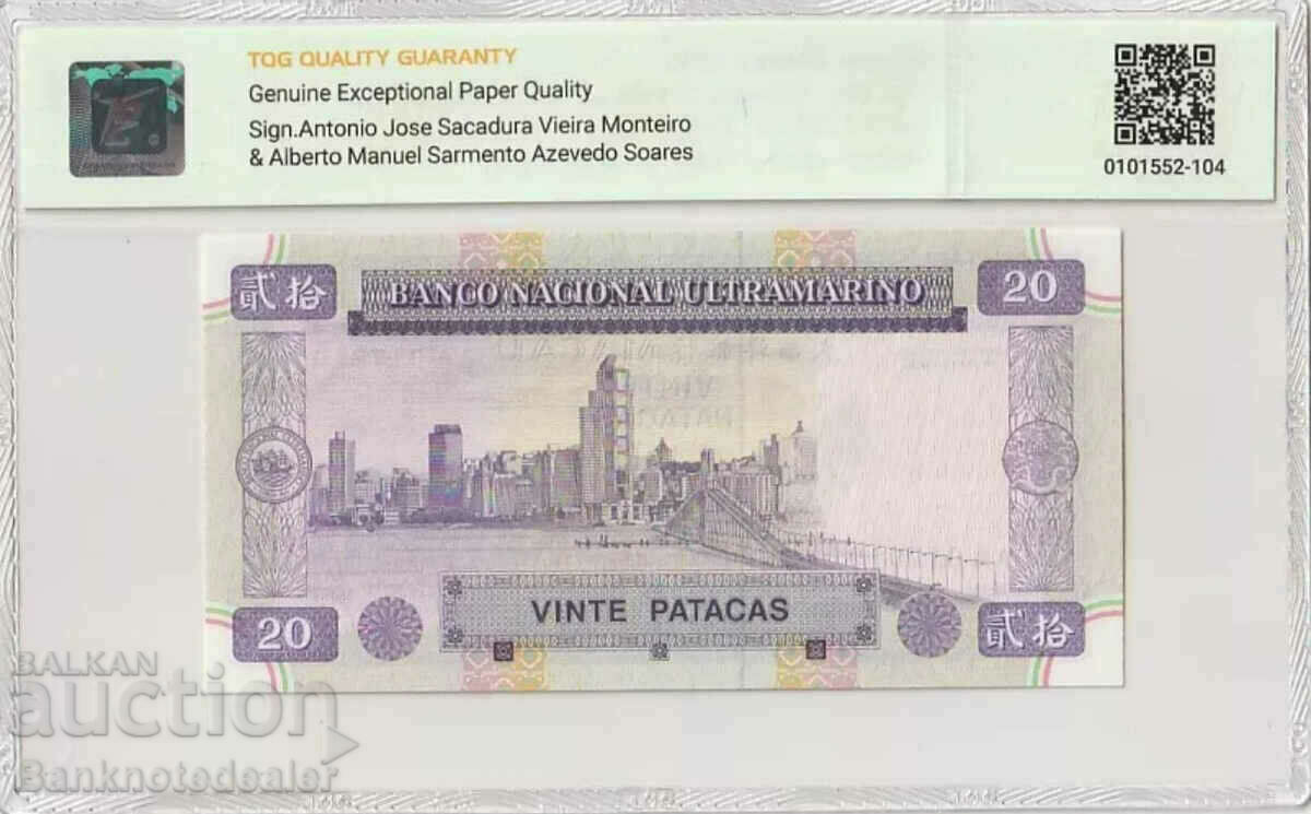 China Macau 20 Patacas 1996 Pick 66a TQG First Prefix with price 140.00 BGN | € 71.58 China Macau 20 Patacas 1996 Pick 66a TQG First Prefix with price 140.00 BGN | € 71.58
