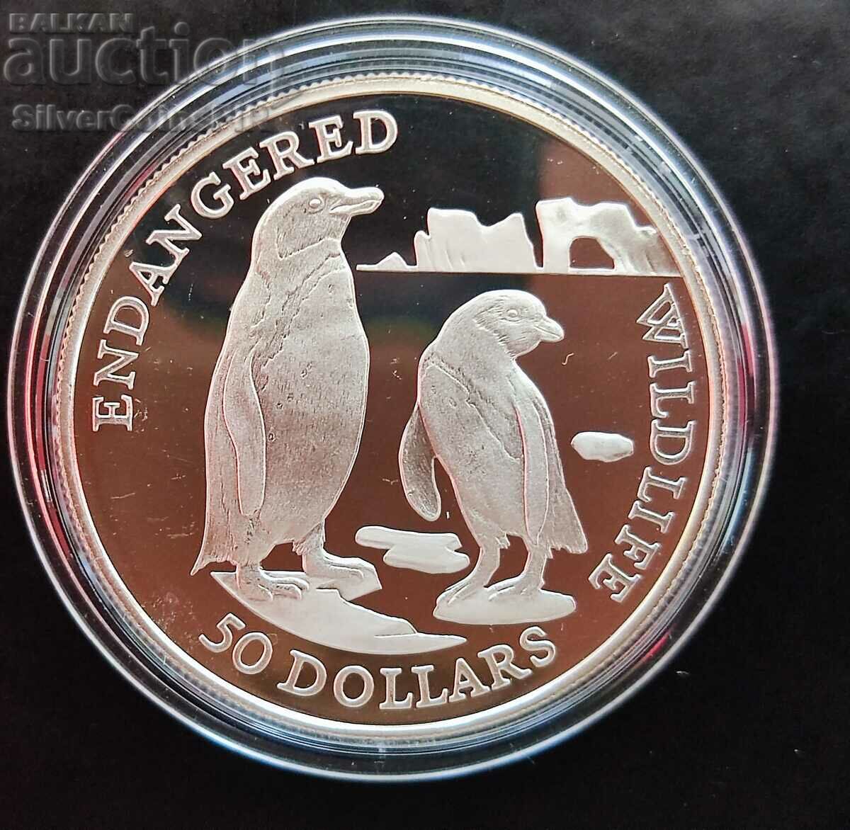 Silver $50 Penguins 1991 Endangered Animals Cook Islands