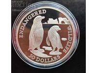 Silver $50 Penguins 1991 Endangered Animals Cook Islands