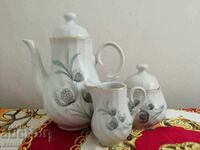 Tea and milk jugs and porcelain sugar bowl