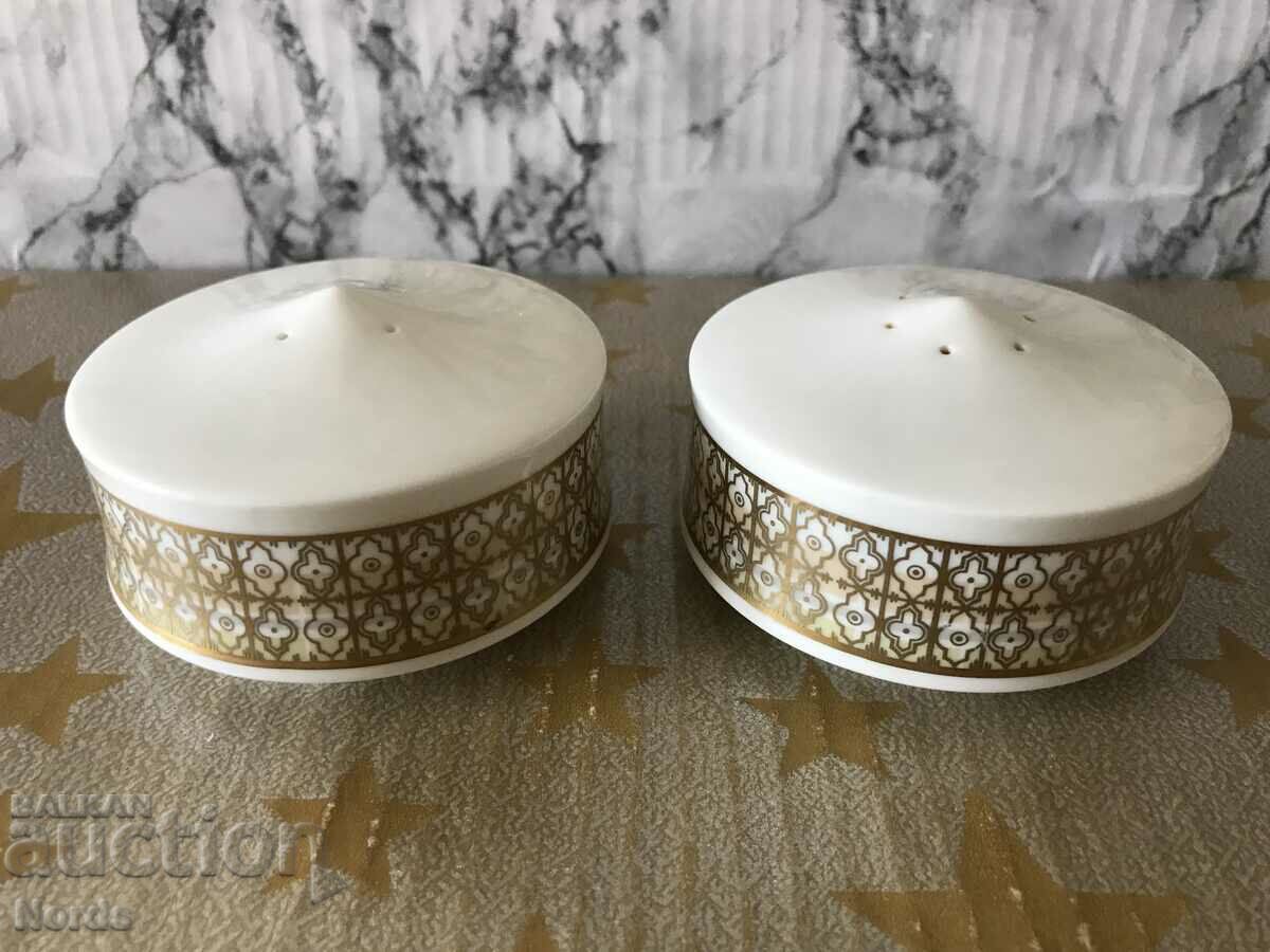 Porcelain salt shakers with markings